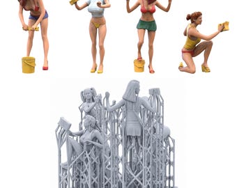 May include: A collection of four painted miniature figures depicting individuals cleaning with sponges and buckets, alongside a single grey unpainted 3D-printed resin support structure containing multiple miniature figures in various poses.