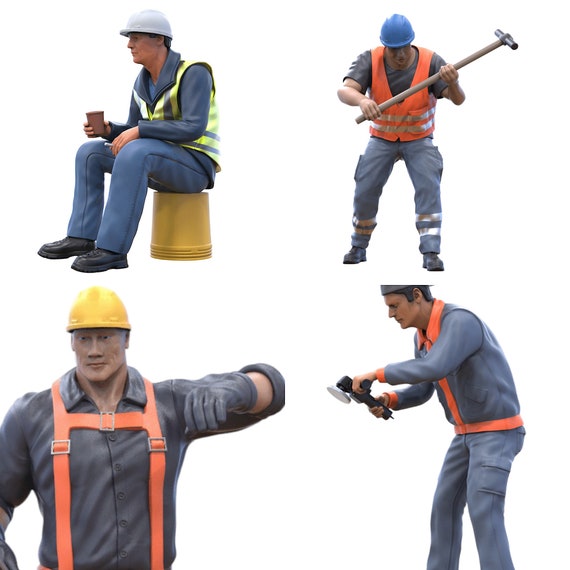 48x 1:87 H0 Scale Unpainted Figures – Railway Workers, Construction Site – 3D-Scale Model Making Bundle