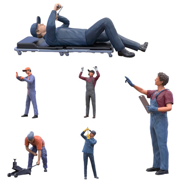 Mechaniker Diorama Miniaturen UNBEMALT Set (6 Figuren)  Maßstab 1/50, 1/43, 1/35, 1/32, 1/24, 1/18 Modellbau 3D Druck Menschen Personen