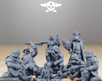 Comrades at campfire, Duchess and Officer - GrimGuard Stationforge Miniatures - 8 Figures Set- 28 mm Tabletop 3D Print 8k Miniatures unpainted