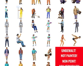 May include: A collection of 30 unpainted miniature figures in various poses and occupations, including a construction worker, a police officer, a chef, a waitress, and a swimmer. The figures are all standing on a white background. The text "UNBEMALT! NOT PAINTED! NON PEINT! NON VERNICIATO! SIN PINTAR!" is displayed in red at the bottom of the image.
