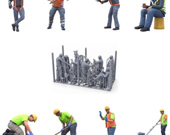 Construction Worker Diorama Miniatures UNPAINTED Set (8 Figures) Scale 1/50, 1/43, 1/35, 1/32, 1/24, 1/18 Model Making 3D Printing People
