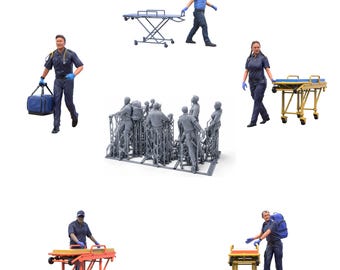 May include: A collection of miniature paramedic figurines in blue uniforms with blue gloves, featuring various poses with medical equipment including wheeled stretchers in blue, yellow, and orange, a medical bag, and a grey unpainted support frame.