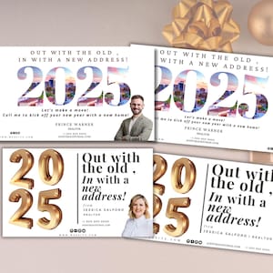 Modèle d'annonces immobilières pour les fêtes du Nouvel An avec étiquette, planificateur, journal, idées de calendrier avec étiquette, marketing pour agent immobilier, modèle téléchargeable et modifiable