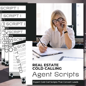 May include: A woman on a phone call is writing notes on a clipboard. The text on the document reads "Real Estate Cold Calling Agent Scripts" and "Expert Cold Call Scripts That Convert Leads". There are several sheets of paper stacked on the table with the text "Just Listed" and "Script I" on them.