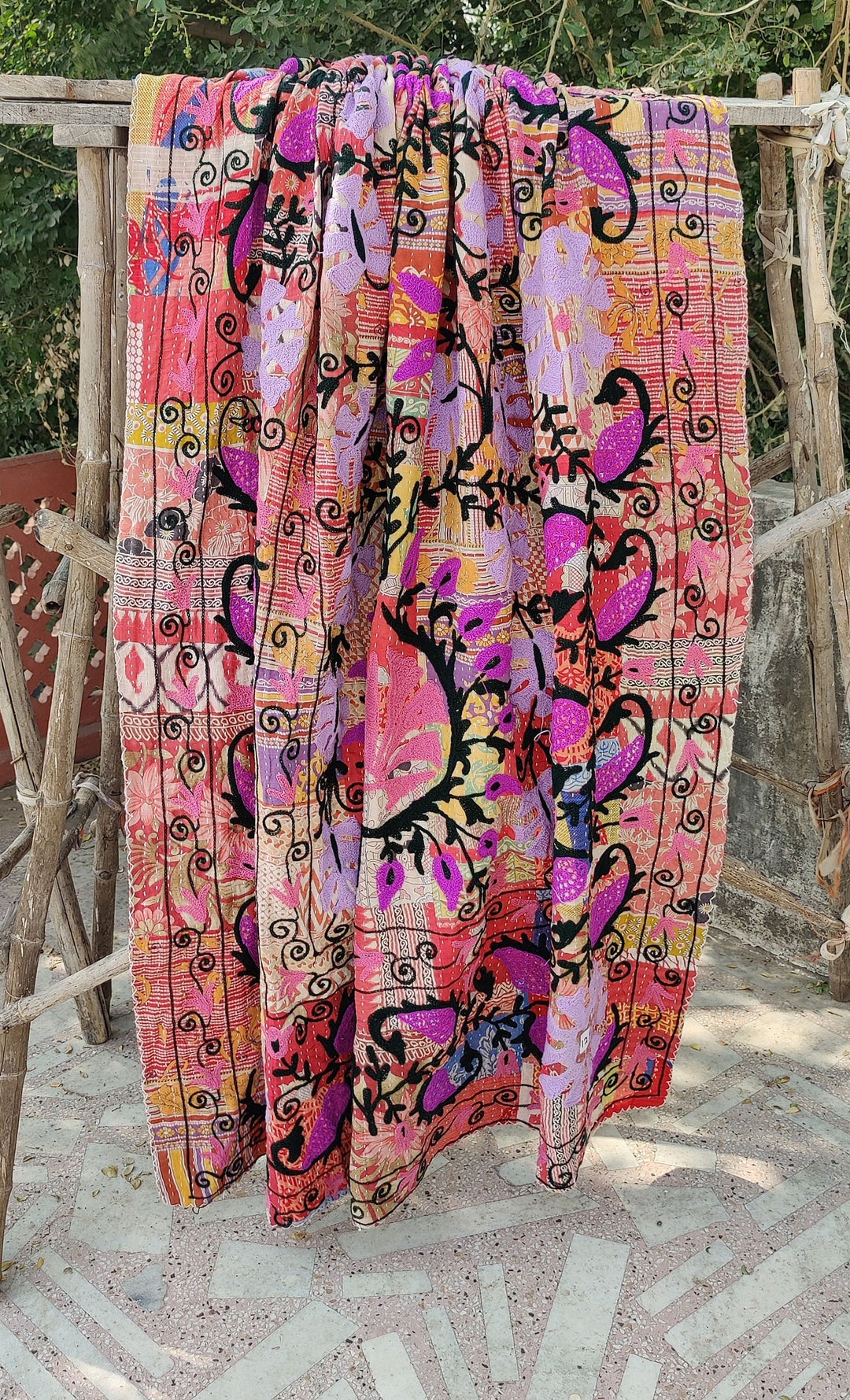 Colorful Quilt , Single Bed Cover Suzani, Wall Hanging, Vintage