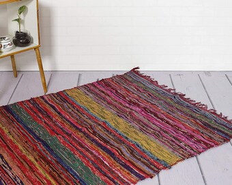 MULTICOLORED CHINDI RAG RUGS STRIPED RECYCLED COTTON MATS FAIR TRADE 90X150CM 