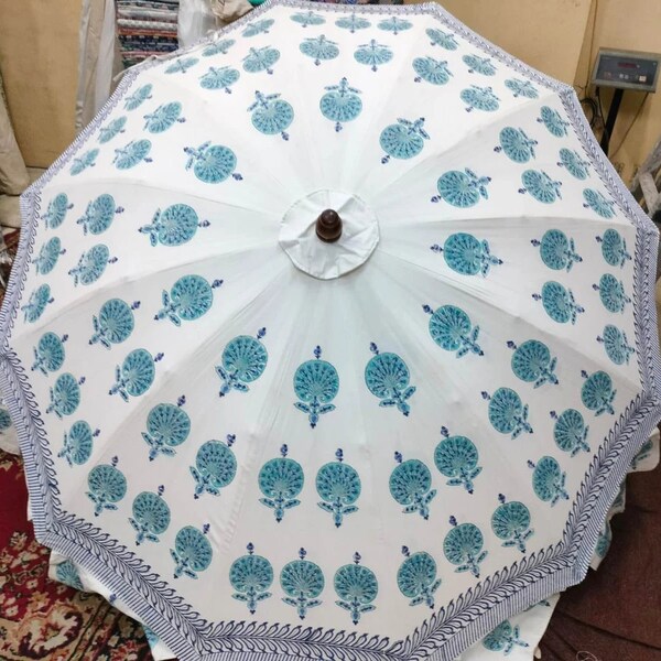 Wholesale, Garden Umbrella Indian Floral Patio Parasol Block Printed Large Umbrella Beach Outdoor White Sun Shade Patio Mughal Umbrella