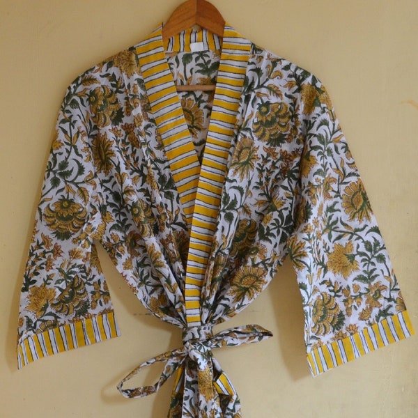 Beautiful Cotton Indian Kimono Robes, Voile Cotton Handmade Bathrobe Kimono, Yellow Flower Print Night Cover Up Kimono Robe, Dressing Gown