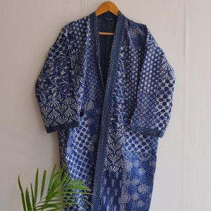 Jaipuri Print !! Long Kimono, Patchwork Indigo Print Bath Robe, Kimono Indian Cotton Handmade Kantha Stitch ,Night Wear Suit Dressing Gown