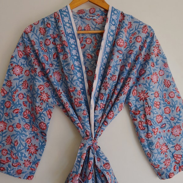 Indian Soft Cotton Handmade Block Floral Kimono, Women Summer Longwear Dress, New Bridesmaid Robes, Beach Wear Bikini Cover Up Gown, Nighty