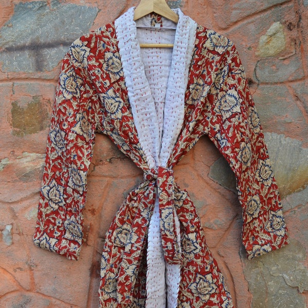 Indian Handmade Quilted Kantha Kimono Style Jacket, New Hand Block Bagru Print Short Coat With Belt, Women Wear Front Open Red Quilt Jacket