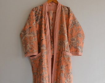 Soft Cotton Woman Kantha Kimono, Block Floral Print Kimono Robes, Long Bathrobe Kimono, Peach Color Robes, Beach Robe, Winter Nightwear Robe