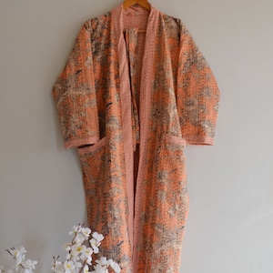 Soft Cotton Woman Kantha Kimono, Block Floral Print Kimono Robes, Long Bathrobe Kimono, Peach Color Robes, Beach Robe, Winter Nightwear Robe