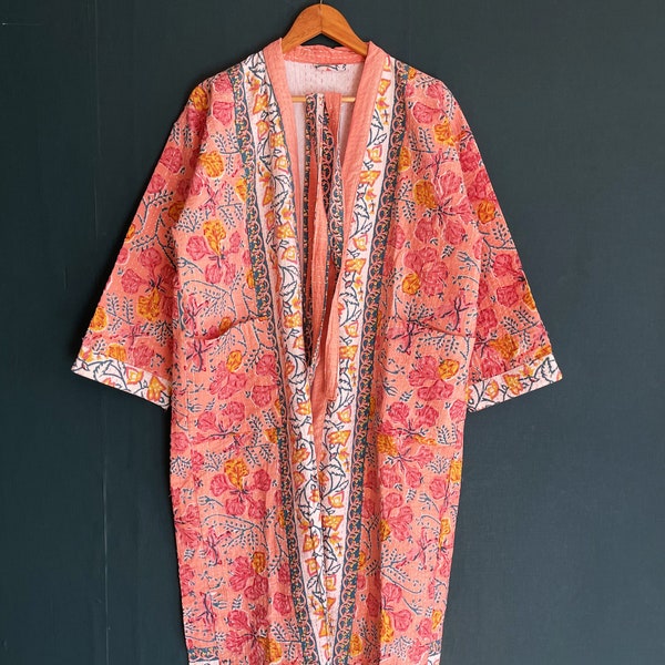 Jaipuri Print !! Block Printed Kantha Quilted Kimono, Winter Bathrobes, Indian Handmade Pure Cotton Kimono, Women House Robes, Gift For Her