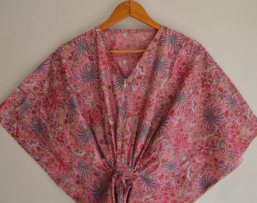 Zipper Caftan Indian Handmade Block Printed Cotton Kaftan With Zip New