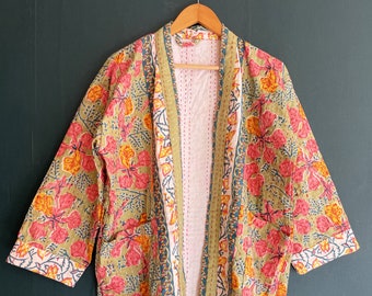 Sale !! Jaipuri Print , Indian Handmade Cotton Kantha Kimono, Floral Block Printed Kantha Stitched Kimono, Winter Jacket Tie Belt Long Coat