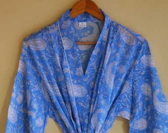 Indiase bloemenblokprint gewaad, handgemaakte kimono gewaad kamerjas, mooie douchejas, bloem nachtkleding jurk jurk, badjas kimono