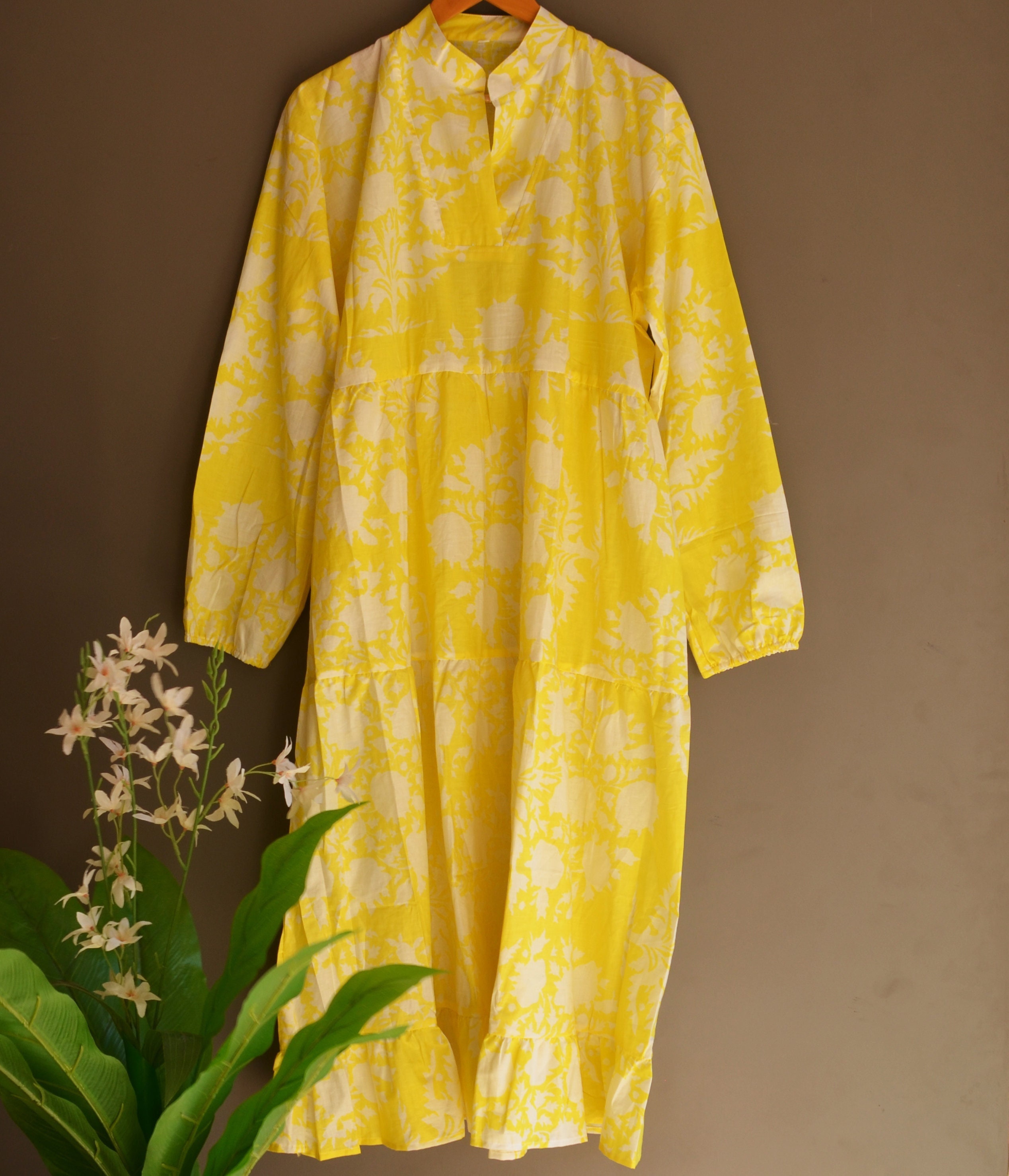 Cotton Gown Indian Yellow Floral Print Longwear Cotton - Etsy