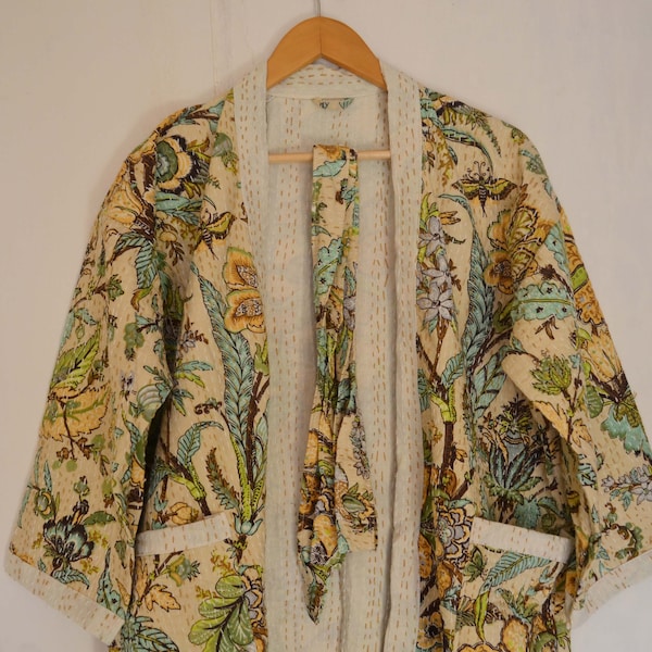 Jaipuri Print !! Indian Handmade Kantha Kimono Robe, Stitch Kantha Kimono Robe, Women Bathrobe Kimono Dress, Ethnic Floral Print Coat Kimono