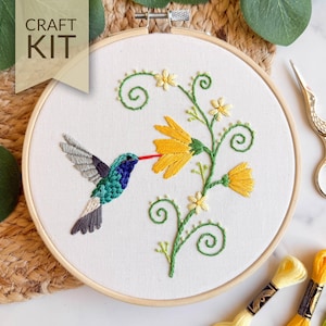 6&quot; Hummingbird Embroidery Kit | Easy Beginner Friendly DIY Hand Embroidery Craft Kit | Hummingbird and Flower Embroidery Pattern | Fiber Art