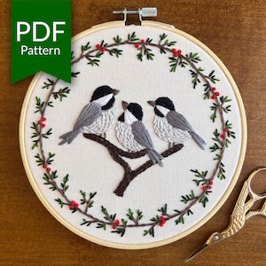Chickadee Birds Embroidery Pattern | Winter Birds | Step by Step DIY Embroidery Design | Holiday Embroidery | Christmas Embroidery Wreath