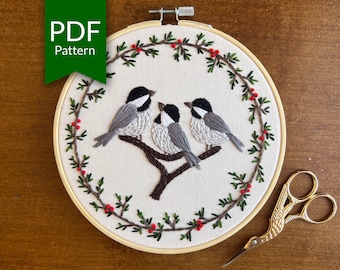 Chickadee Birds Embroidery Pattern | Winter Birds | Step by Step DIY Embroidery Design | Holiday Embroidery | Christmas Embroidery Wreath