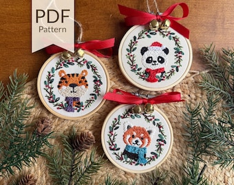 Tiger, Panda, and Red Panda - Festive Animal Christmas Ornaments Hand Embroidery PDF Pattern