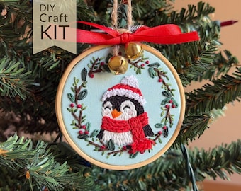 Penguin Christmas Ornament Embroidery Craft Kit | DIY Holiday Craft, Stocking Stuffer
