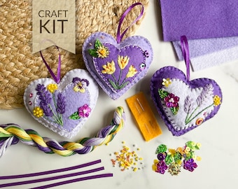 Purple Felt Heart Ornaments Craft Kit | Floral Beaded Embroidered DIY Handmade Decorations