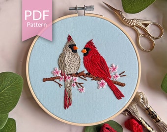 PDF Pattern | 5" Cardinal Embroidery Pattern | Cardinal Birds and Cherry Blossoms | Spring Birds Embroidery | Beginner Embroidery Pattern