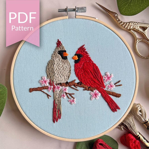 PDF Pattern | 5" Cardinal Embroidery Pattern | Cardinal Birds and Cherry Blossoms | Spring Birds Embroidery | Beginner Embroidery Pattern