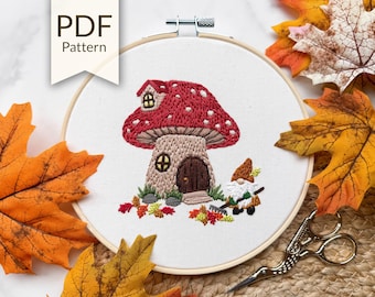 Mushroom Manor Embroidery Pattern | Autumn Gnome Cottage Hoop Art (PDF Pattern)