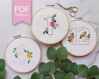 PDF Pattern | Floral Hand Embroidery Numbers 0-9 | DIY Wedding Table Numbers | Baby Monthly Milestone Numbers | Instant Digital Download