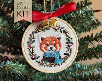 Red Panda Christmas Ornament Embroidery Craft Kit | DIY Holiday Craft, Stocking Stuffer