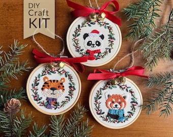 Tiger, Panda, and Red Panda - DIY Christmas Ornament Hand Embroidery Kit