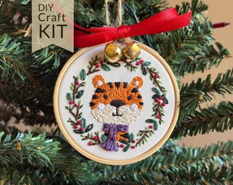 Tiger Christmas Ornament Embroidery Craft Kit | DIY Holiday Craft, Stocking Stuffer