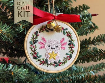 Axolotl Christmas Ornament Embroidery Kit | DIY Holiday Craft, Stocking Stuffer