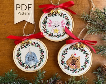 Axolotl, Capybara & Narwhal Christmas Ornaments Hand Embroidery Pattern (PDF Pattern)
