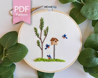 PDF Pattern | 6" Spring Blue Birds | Step by Step Embroidery Pattern | DIY Spring Craft Ideas | Hand Embroidery Pattern | Spring Decoration