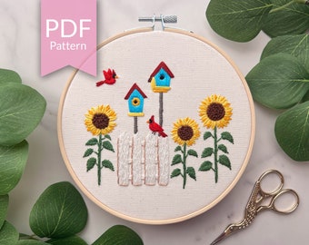 Sunflower Garten Stickmuster | Kardinäle & Vogelhäuser (PDF Nähanleitung)