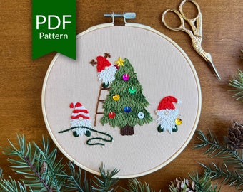 Christmas Tree Decorating Gnomes | Christmas Embroidery Pattern | Christmas Crafting | DIY Christmas Decorations | Handmade Christmas Gift