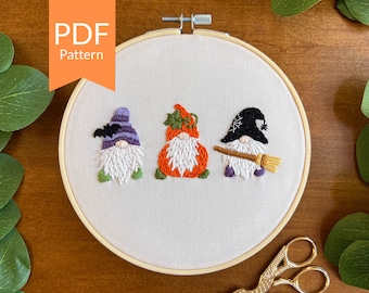 Halloween Gnomes Hand Embroidery PDF Pattern | Easy Beginner Embroidery Design | Halloween Decoration | Bat, Pumpkin, & Witch Gnomes