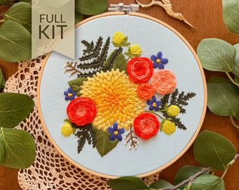 Vibrant Spring Floral Embroidery Craft Kit | Step by Step Embroidery Pattern | Hoop Art | DIY Stitching Craft Kit | Cross Stitch Pattern