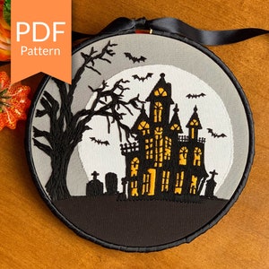 PDF Pattern - Halloween Embroidery Design - Haunted House - Step by Step Beginner / Intermediate DIY Embroidery Pattern - Halloween Craft