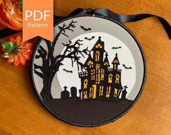 PDF Pattern - Halloween Embroidery Design - Haunted House - Step by Step Beginner / Intermediate DIY Embroidery Pattern - Halloween Craft