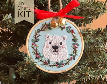 Polar Bear Christmas Ornament Embroidery Craft Kit | DIY Holiday Craft, Stocking Stuffer