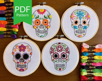 Sugar Skulls Set of 4 Embroidery Pattern | Skull Embroidery Design | Beginner Stitching Embroidery | Dia De Los Muertos | Day of the Dead