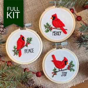 3 Cardinals Embroidery Craft Kit | Hand Embroidery for Beginners | Cardinal Christmas Embroidery Ornaments | Easy Handmade Christmas Gift