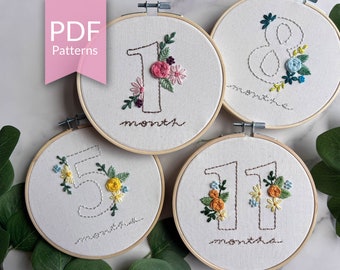 May include: Four embroidery hoops with white fabric and brown wooden frames. Each hoop features a different number, 1, 5, 8, and 11, embroidered in white thread. Each number is surrounded by colorful floral embroidery. The text "month" is embroidered below each number.